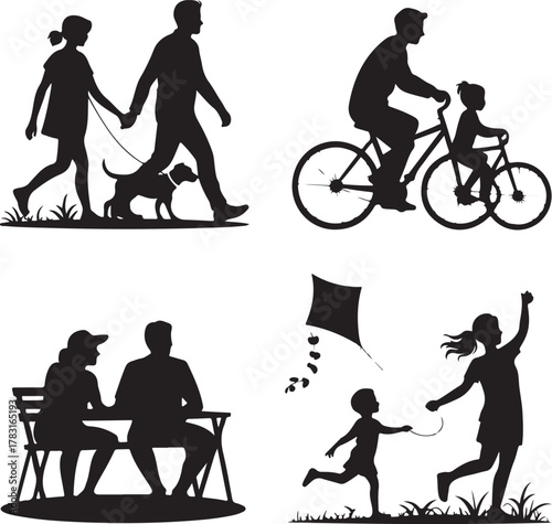 Black silhouette illustration set featuring family outdoor activities together