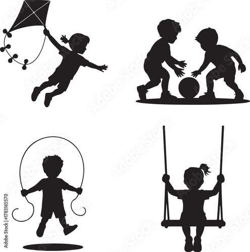 Childhood memories with silhouettes of children playing diverse games set