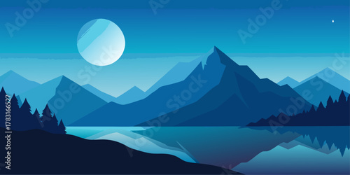 Blue Mountain Landscape with Moonlit Lake mountains
