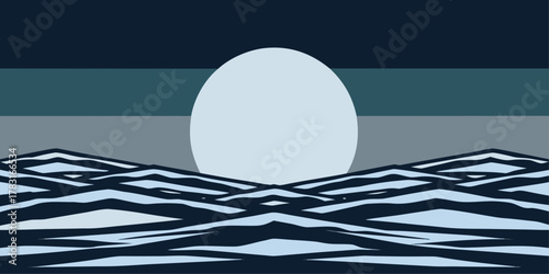 Abstract Night Landscape with Moon and Waves ocean