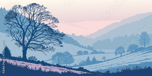 Blue toned landscape with a large tree and misty hills