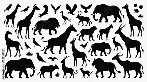 African Wildlife Silhouette Collection Keywords: elephant, lion, giraffe, zebra, antelope
