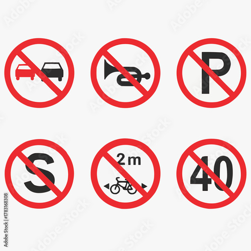 Flat Vector Icon Set of 6 Prohibition Traffic Signs. No Overtaking, No Parking, Speed Limit Rules Collection.