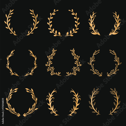 golden laurel wreaths, Various round floral and laurel frames