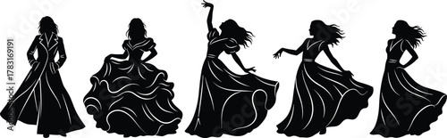 Elegant women silhouette illustration, flowing dresses, graceful poses, dance movement, fashion vector, black graphic, artistic style, minimal design, beauty concept