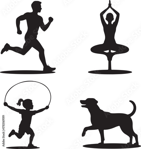 Diverse silhouettes illustrating exercise sports and healthy lifestyle activities vector art