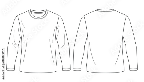 Crew Neck Long-Sleeve Shirt – Technical Flat Sketch Front and Back Views