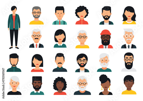 Diverse Avatar Set – Cartoon Portraits with Varied Hairstyles, Skin Tones, and Accessories