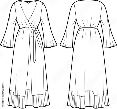 Fashion illustration, technical sketch, long sleeve dress, wrap bodice, V-neckline, tie waist, pleated hem, garment design, front back view