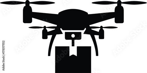 Drone delivering a package isolated on white background.