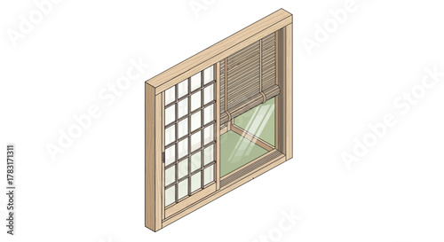 Architectural window detail showcases divided panes and roller shade elegance