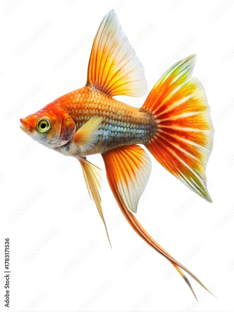 Fototapeta premium Vibrant orange swordtail fish with flowing fins detailed close-up