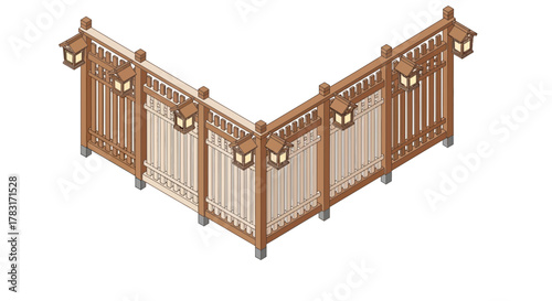 Decorative isometric corner of wooden fence with hanging lanterns vector