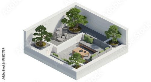 Isometric courtyard design showcasing tranquility with bonsai trees and furniture