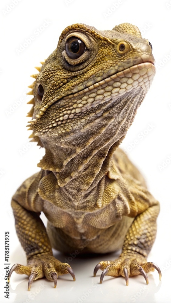 Obraz premium Detailed close up of a tuatara reptile head on white