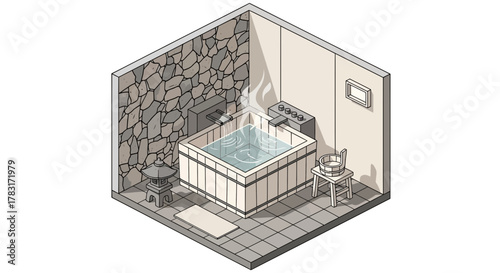 Isometric illustration of a Japanese Onsen with stone wall and hot water