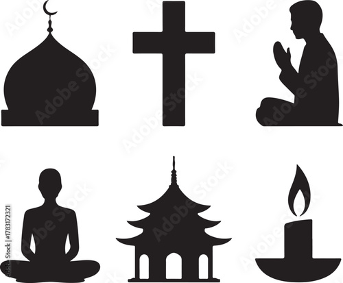 Global religions and belief systems represented in simple graphic icons