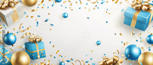 Banner, greeting card of Festive background with blue and golden balls, gift boxes and confetti. Use for Christmas, Birthday, Wedding day and Happy New Year holiday