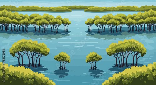 Mangrove Trees in a Calm Lagoon, Serene Coastal Ecosystem Illustration.