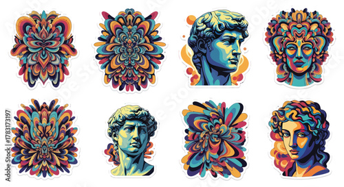 Vibrant stickers featuring classical art and psychedelic patterns for creative projects