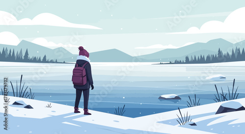 Person Standing on Snowy Shoreline Gazing at Frozen Lake Landscape.