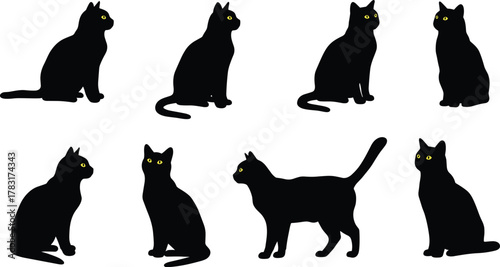PrintBlack cat silhouettes collection, sitting and standing poses, vector illustration of domestic feline animals, Halloween black cat artwork design