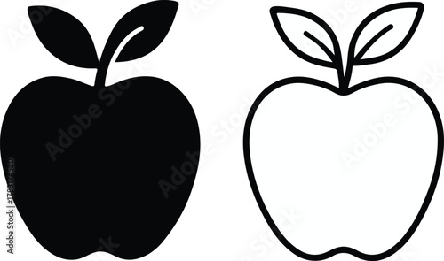 Two apples, one solid black and one outlined, isolated on white background