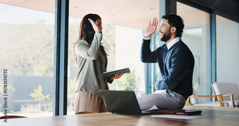 Murais de parede High five, happy people or lawyers in office for case celebration, winning legal dispute or teamwork