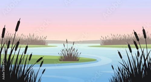 Serene Marsh Landscape with Cattails and Calm Water.