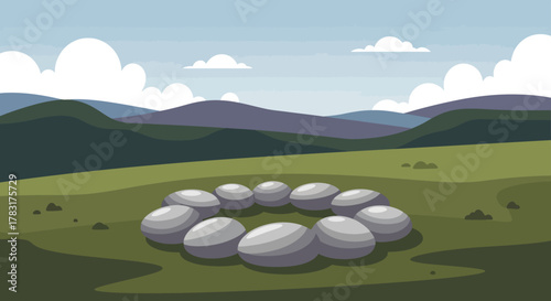 Stone Circle in a Grassy Field with Distant Mountains.
