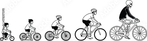 Tableau sur toile Bicycle evolution, life stages, cycling journey, silhouette illustration, childh