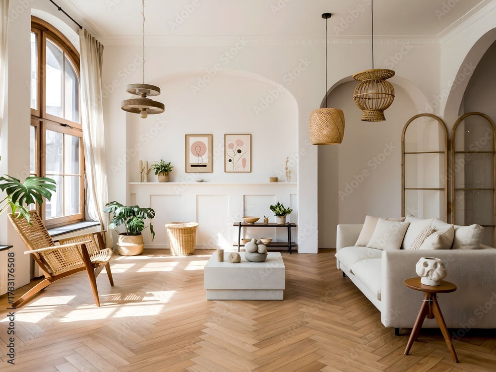 Fototapeta premium Relax in this stylish living room with herringbone floors, modern decor, and natural light - a perfect setting for a cozy home or interior design project