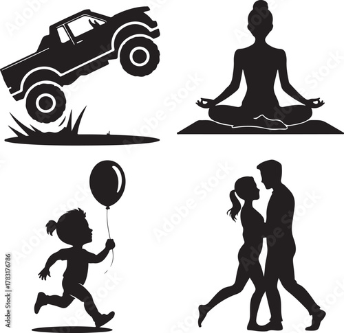 Silhouette illustrations depicting lifestyle activities and recreational pursuits in black