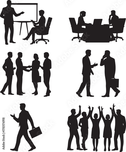 Silhouetted business people interacting in different professional situations vector illustration