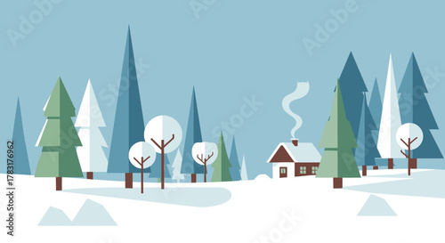 Winter Cabin Scene with Snow Covered Trees and Smoke.