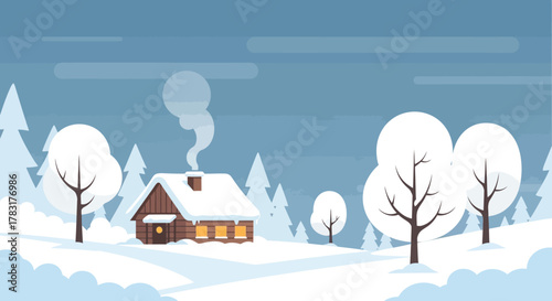 Winter Cabin Scene with Snow Covered Trees and Smoke.