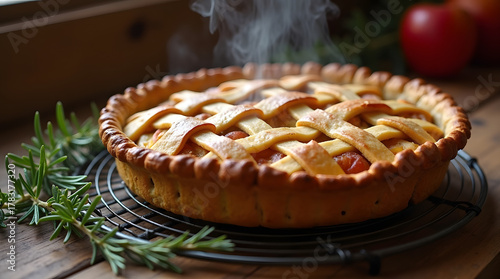 Rustic deep-dish apple pie cooling on a wire rack, with steam rising from the lattice crust. Cinematic warm tones.