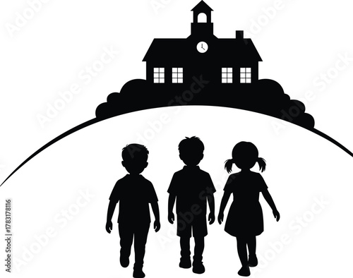 Children walking to school, silhouette illustration, educational journey, black and white art, school building on hill, morning scene, learning, childhood, path, unity