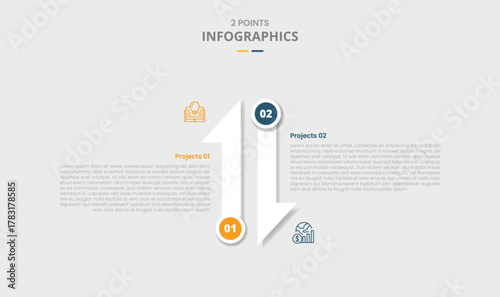 2 points comparison versus for infographic with tall arrow standing vertical up and down with content opposite direction with drop shadow with two point list information