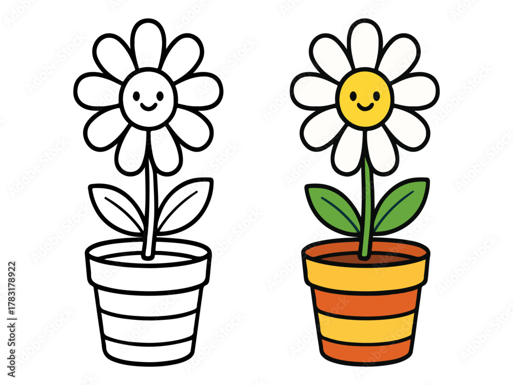 Fototapeta premium Cute smiling flower in a striped pot shown in both black-and-white outline and colored version. Perfect for kids’ coloring pages, activity books, crafting, and preschool learning fun.