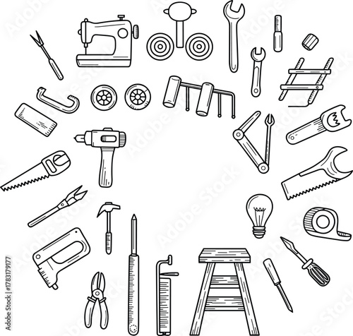 Hand-drawn tool illustration set, construction and craft equipment icons, black and white sketch, repair and DIY concept, white background
