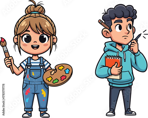 Cute cartoon artists drawing and painting, creative boy and girl illustration, art students holding sketchbook and paint palette