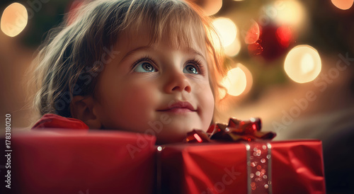 young child kid, at home with a christmas present, christmas eve, anticipation and christmas mood