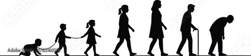 Human life stages, silhouette progression, aging timeline, childhood to elderly, vector illustration, growth and mobility, black and white concept