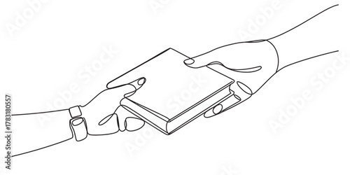 Continuous line art illustration of two human hands exchanging a book, representing concepts like education, sharing, learning, and the transfer of knowledge Vector