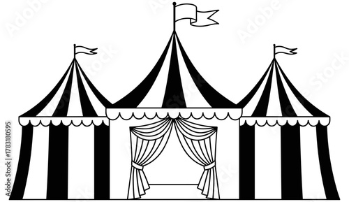 Circus tent illustration in black and white line art showing striped canopy with flags, scalloped edges, and open entrance
