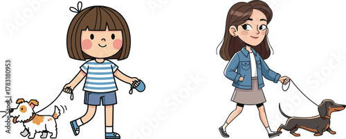 Cute girls walking dogs on leash, outdoor pet care activity illustration, happy friendship between owner and adorable puppies
