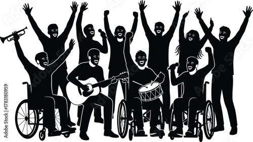 Inclusive music group, diverse performers, wheelchair musicians, joyful celebration, community art, musical silhouettes, vector illustration, accessibility in art, unity through music, black and white