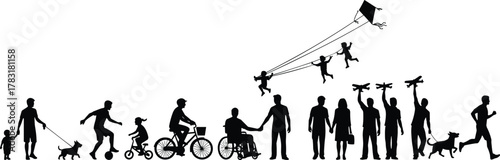 Life stages illustration, inclusive family silhouettes, childhood to adulthood, vector art, growth and play, wheelchair presence, outdoor activity, black and white