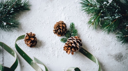 Winter holiday decor arrangement with pine cones, green ribbon, and evergreen branches on snowy surface for festive celebrations and seasonal inspiration